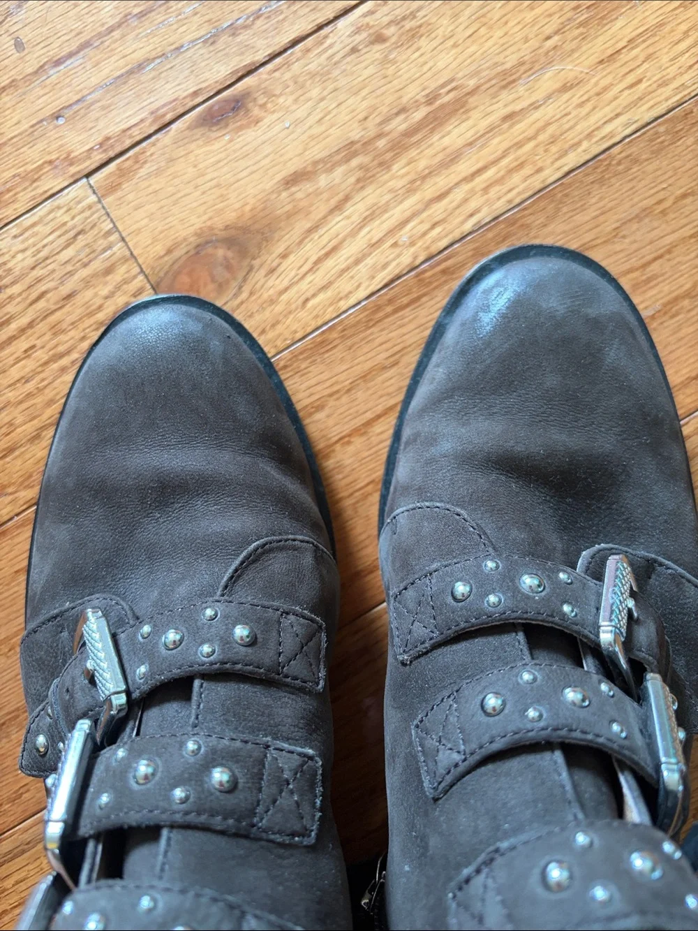 Halogen Dark Brown Buckle Stud Suede Ankle Boots